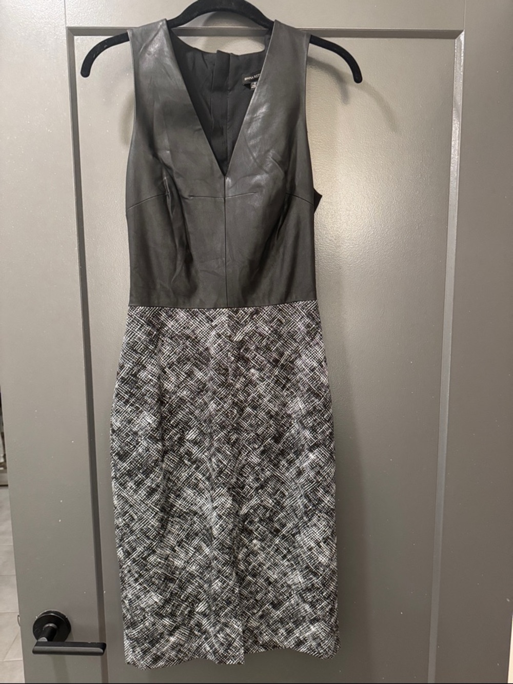 Banana Republic Black Faux-Leather Top Mixed-Print Midi Dress